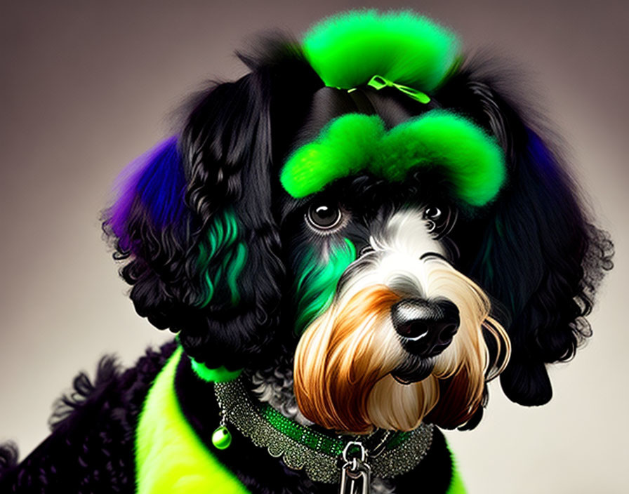 Black Poodle with Vibrant Green Highlights and Accessories