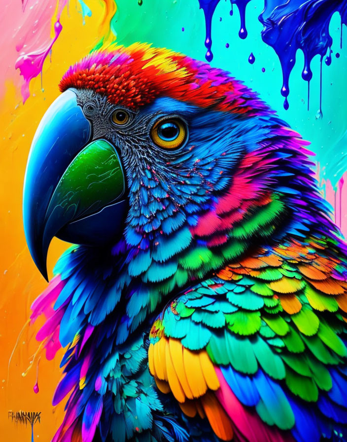 Colorful Parrot Digital Artwork with Dripping Paint on Neon Background