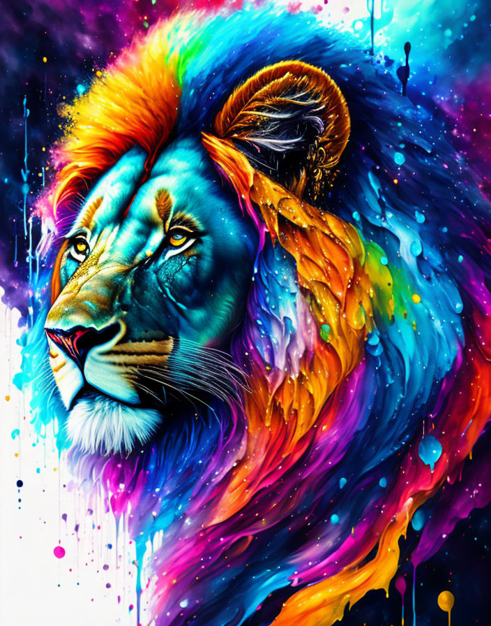 Colorful Lion Head Artwork with Vibrant Mane on Dark Background