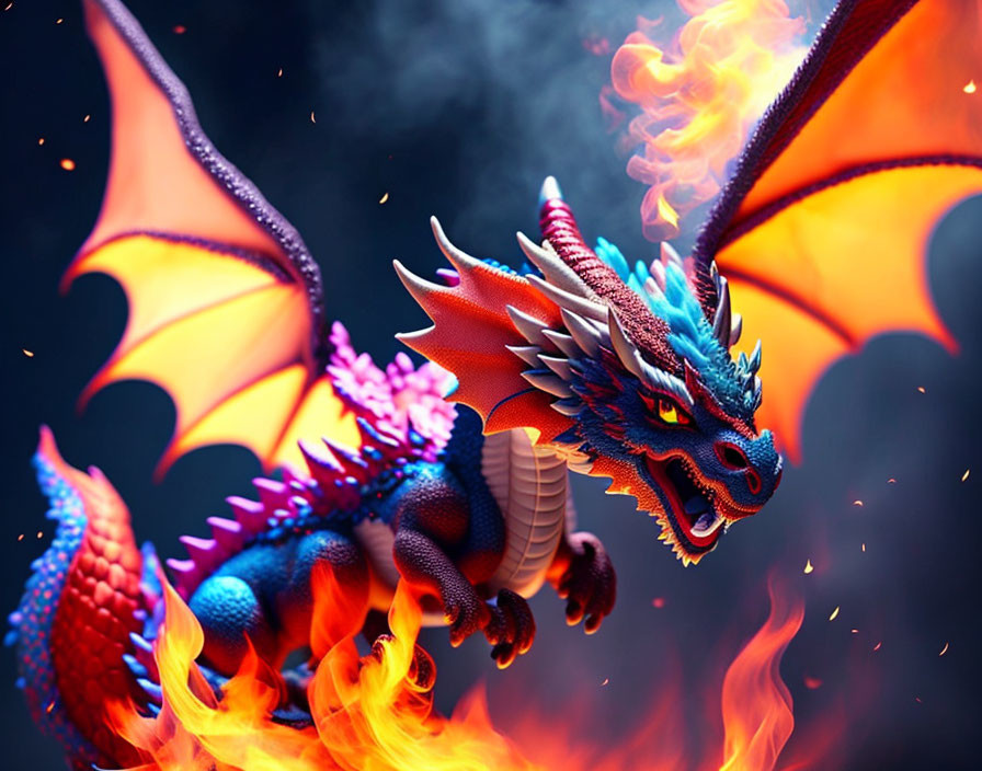 Blue-Scaled Dragon Breathing Fire on Dark Background