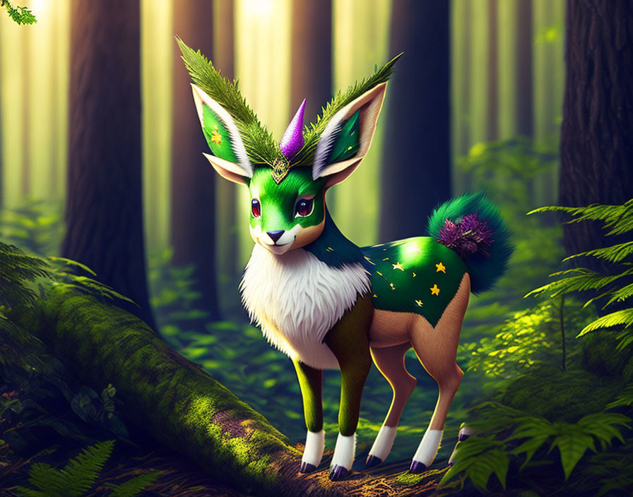 Vibrant green mythical deer with star patterns in enchanted forest