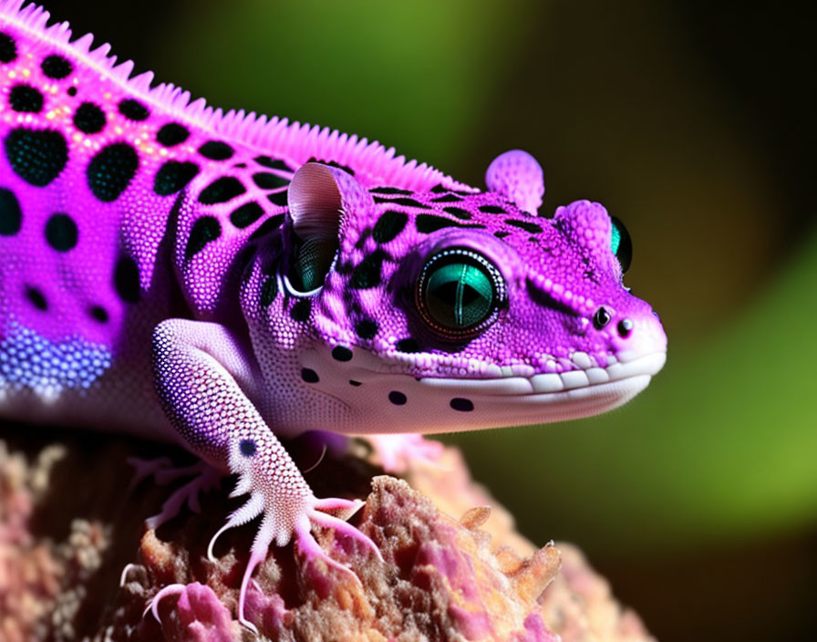 Colorful Purple Gecko with Teal Eyes and Black Spots on Rock