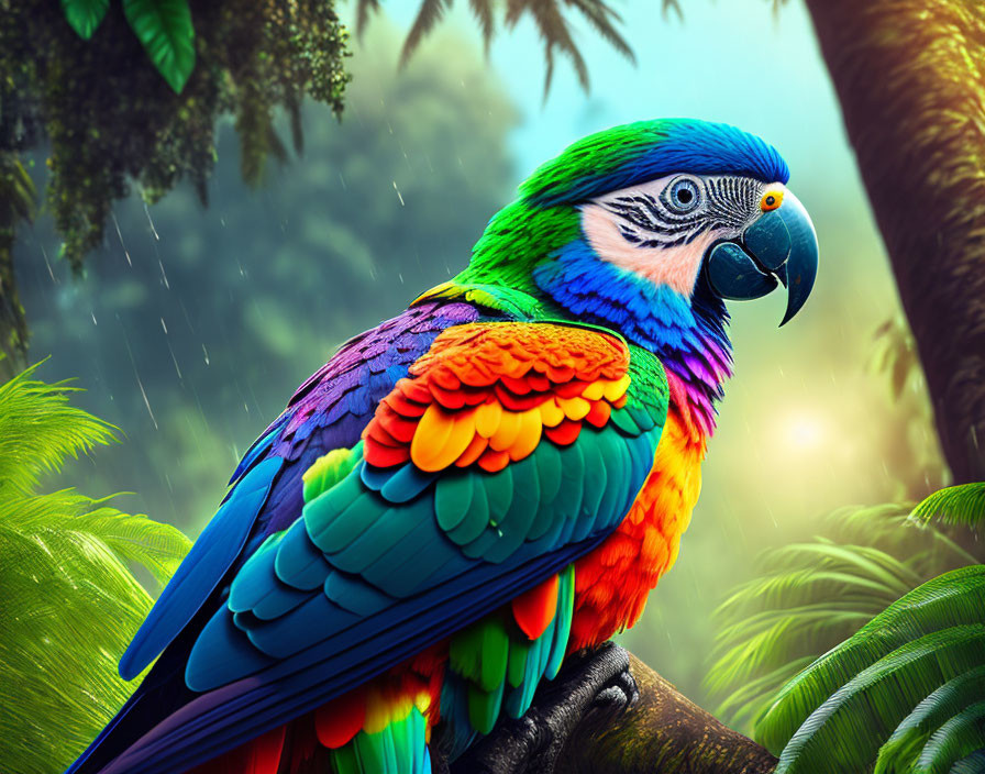 Colorful Macaw Perched in Lush Jungle Setting