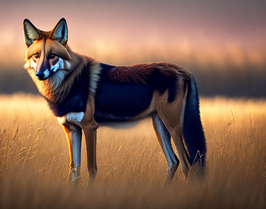 Hybrid animal with fox head and maned wolf body in golden sunset field