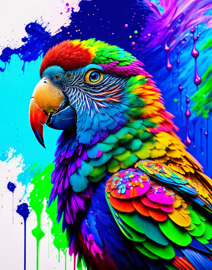 Colorful Parrot Artwork with Rainbow Palette and Paint Splatters