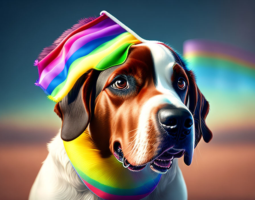 Vibrant digital artwork: dog with rainbow bandana and background.