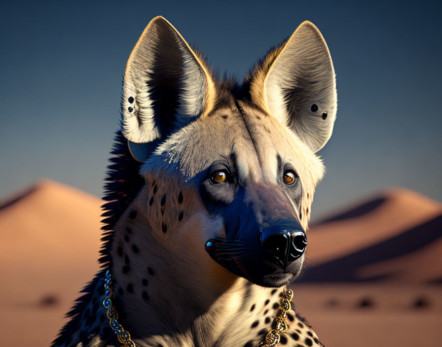 Detailed digital illustration: anthropomorphic hyena with gold chain in desert setting