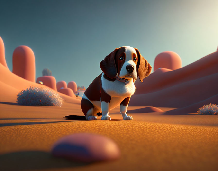 Animated beagle puppy in desert landscape at sunset