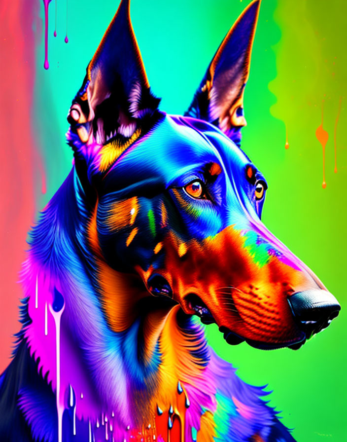 Colorful Digital Art: Doberman Dog with Neon Colors and Rainbow Palette