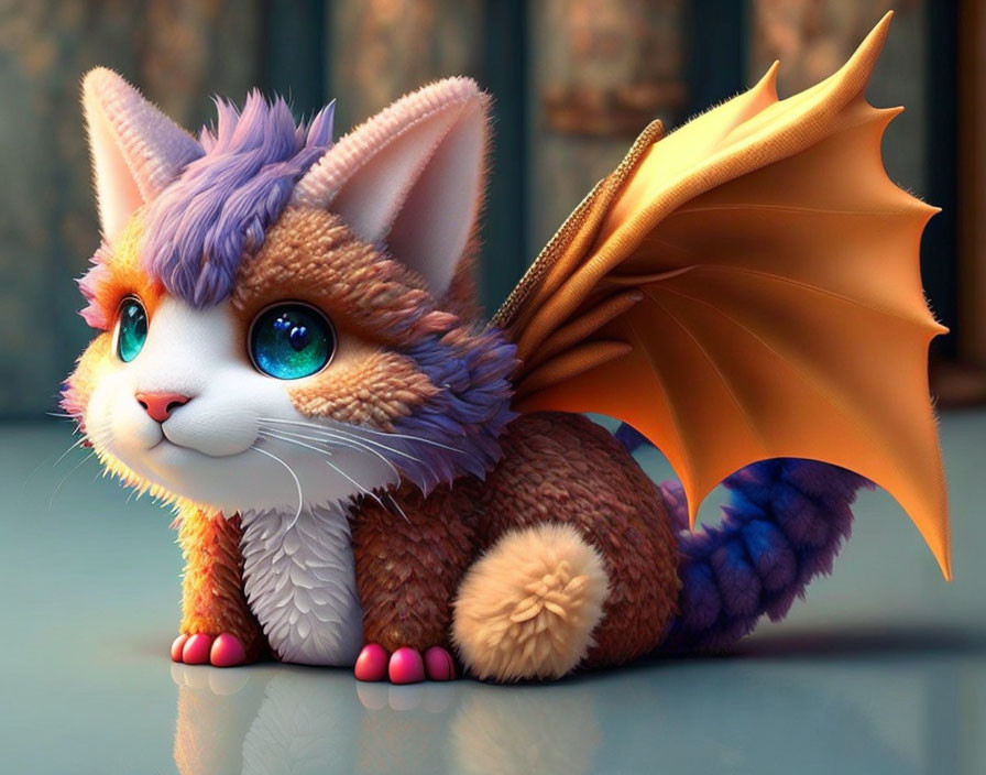 Colorful Furry Creature with Dragon Wings and Blue Eyes