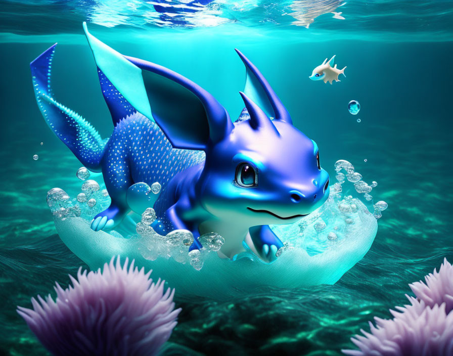 Blue Dragon-Like Creature Swimming Among Coral and Bubbles