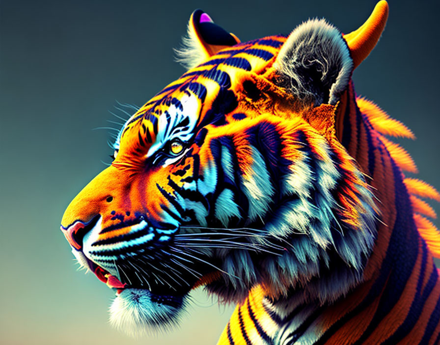 Colorful Tiger Digital Art with Horn-like Ears on Gradient Background