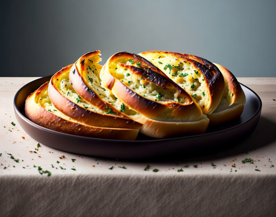 Golden-brown garlic bread with herbs on dark plate tabletop.