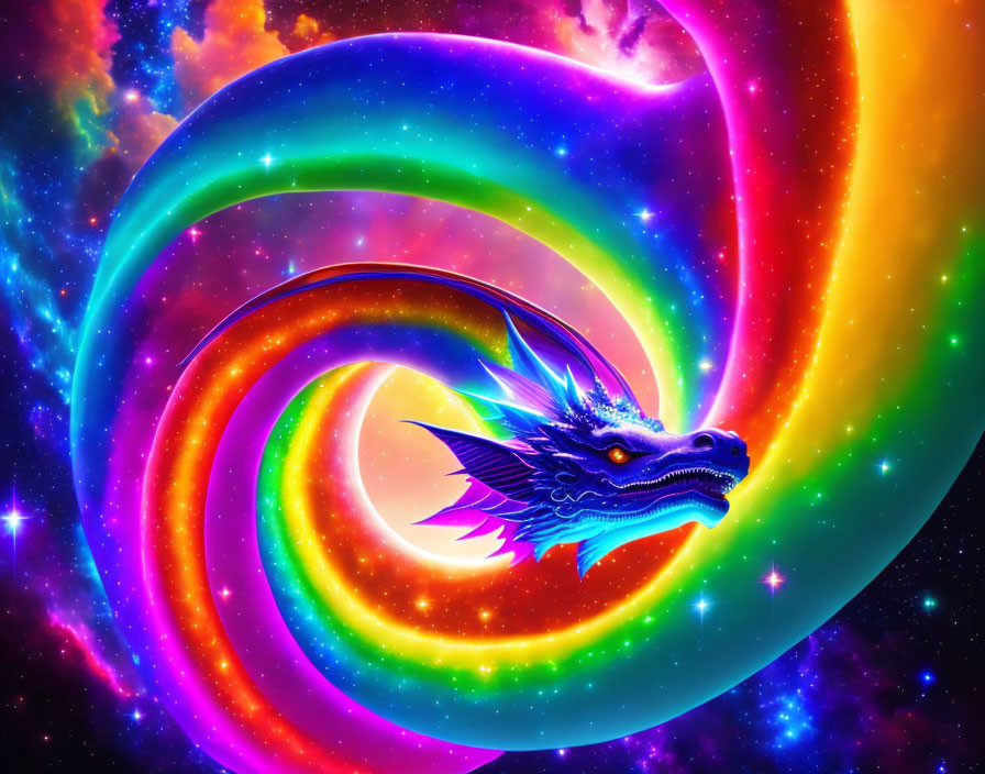 Colorful Dragon Artwork Against Cosmic Rainbow Background