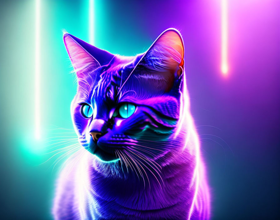 Colorful digital artwork: Cat with neon blue & purple lighting