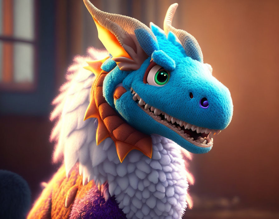 Colorful animated dragon with blue skin and two sets of horns on warm background