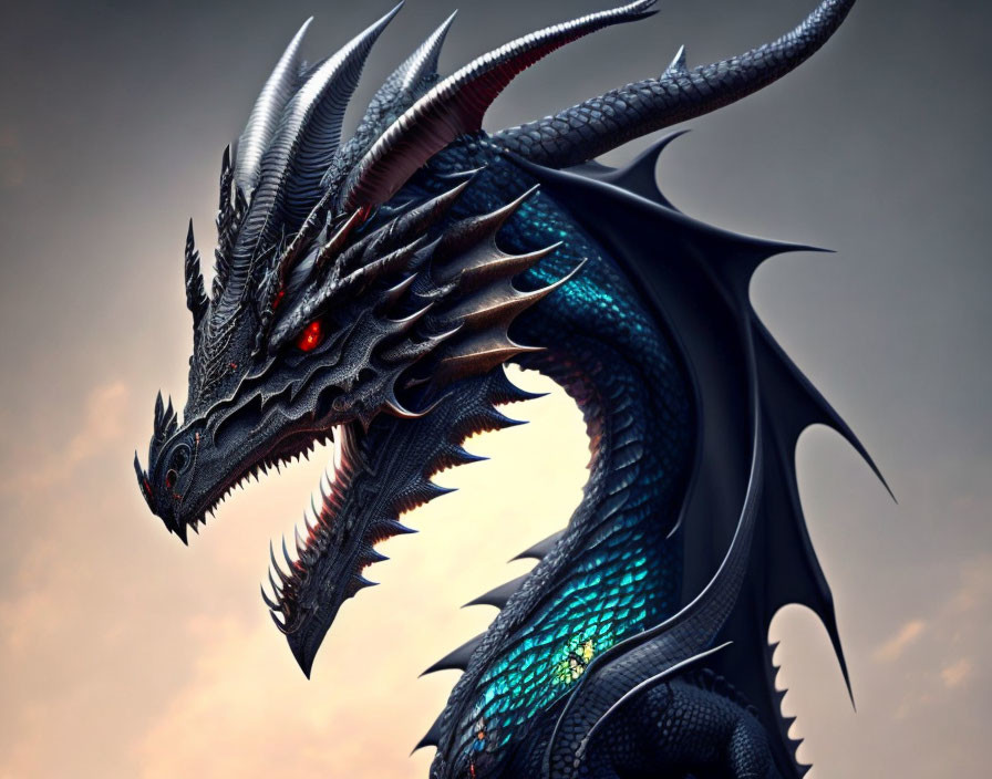 Detailed fierce dragon with sharp scales, imposing horns, and glowing red eyes.