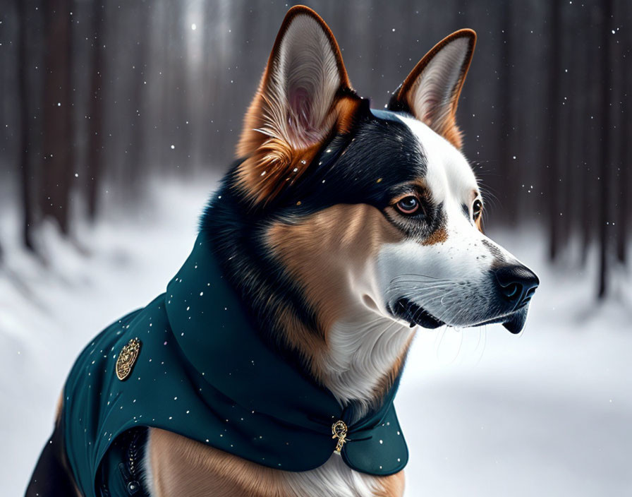 Tricolor Dog with Green Bandana in Snowy Forest