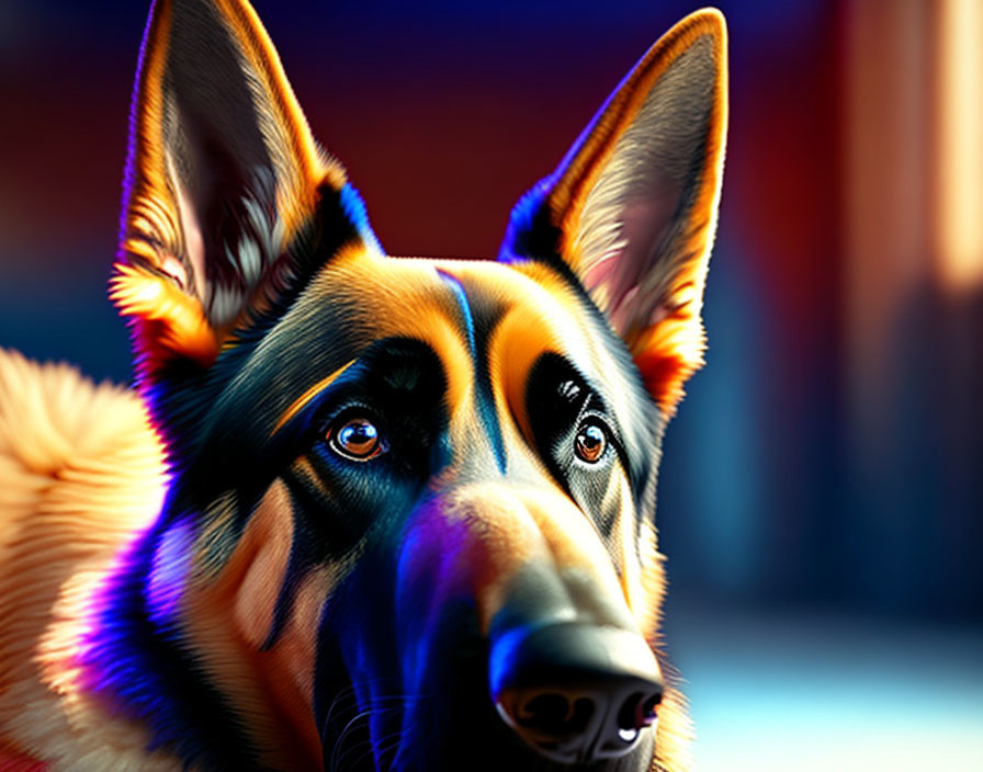 Vibrant color-enhanced German Shepherd with intense eyes and sharp ears