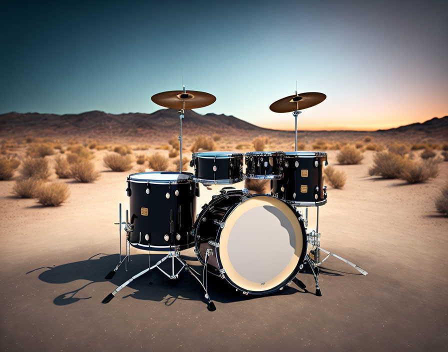 Drum set in desert landscape with mountains and sparse vegetation