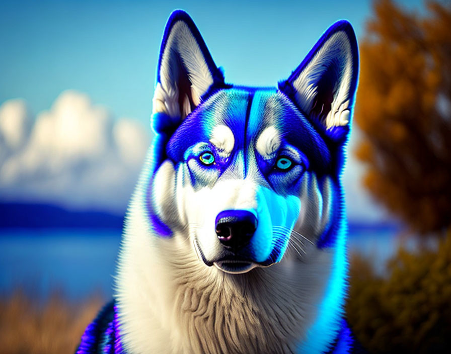 Siberian Husky with Striking Blue Eyes Against Blue Sky and Water