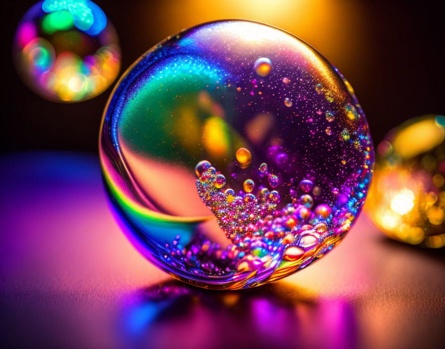 Colorful Glass Spheres with Glittering Bubble Patterns Under Ambient Lights