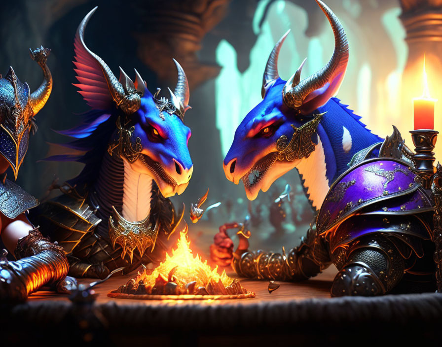 Fantasy-themed anthropomorphic dragons by a small fire with marshmallow stick