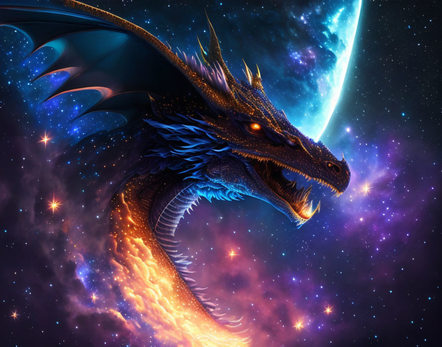 Blue-scaled dragon with bat-like wings in cosmic scene