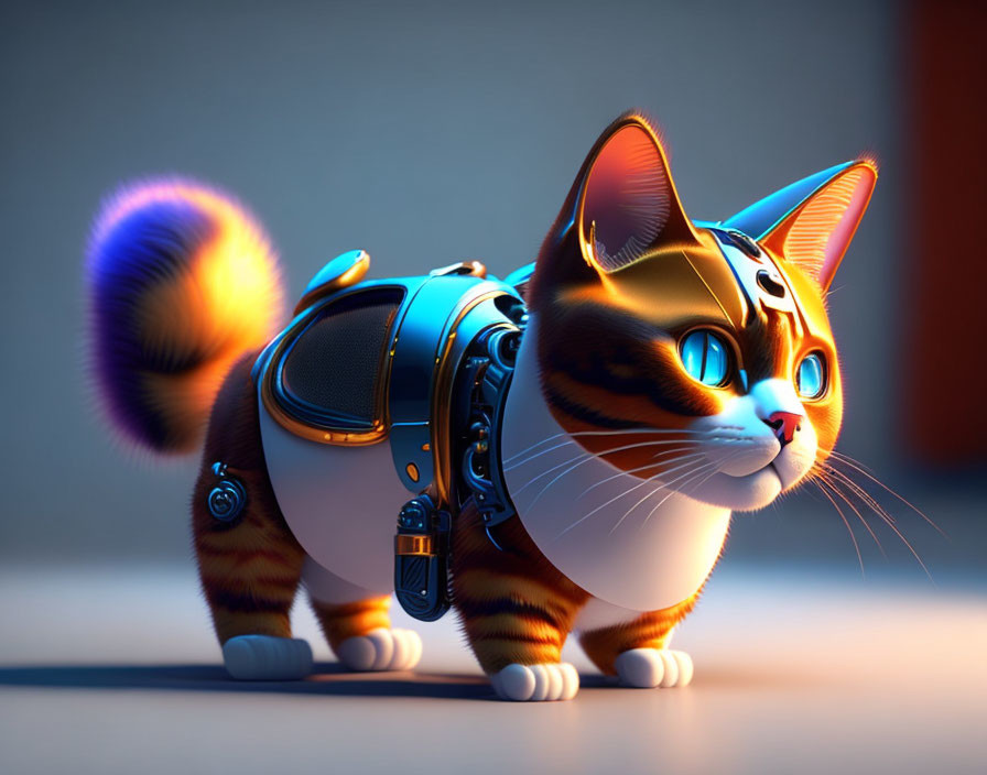 Stylized 3D Cat in Mechanical Suit on Orange Background