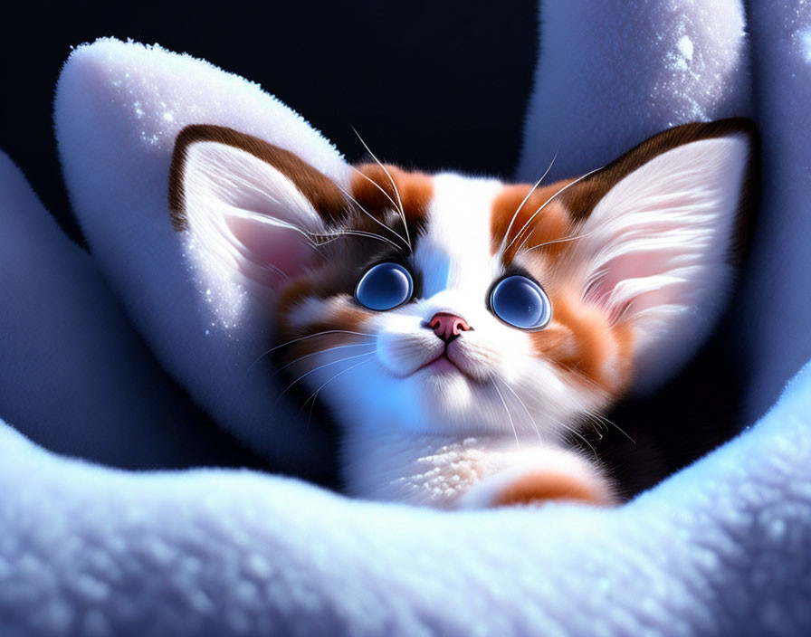 Fluffy Orange and White Kitten with Blue Eyes on Blue Blanket