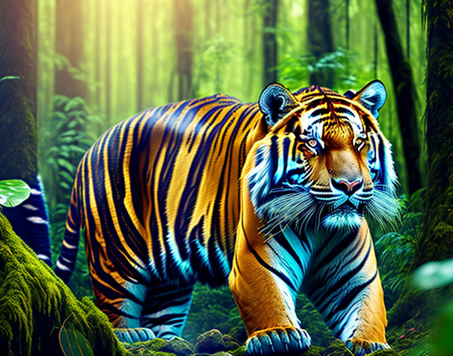 Majestic tiger with vibrant stripes in lush green forest