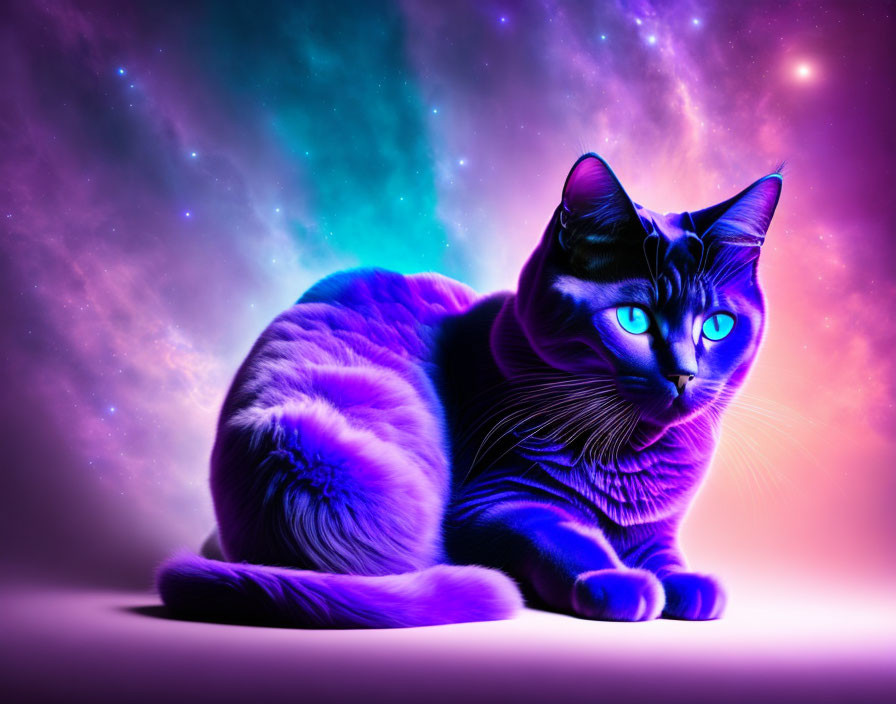 Blue-featured cat against cosmic nebula backdrop