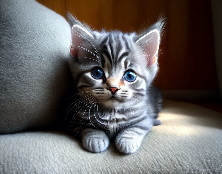 Fluffy Gray Tabby Kitten with Blue Eyes in Cozy Indoor Setting