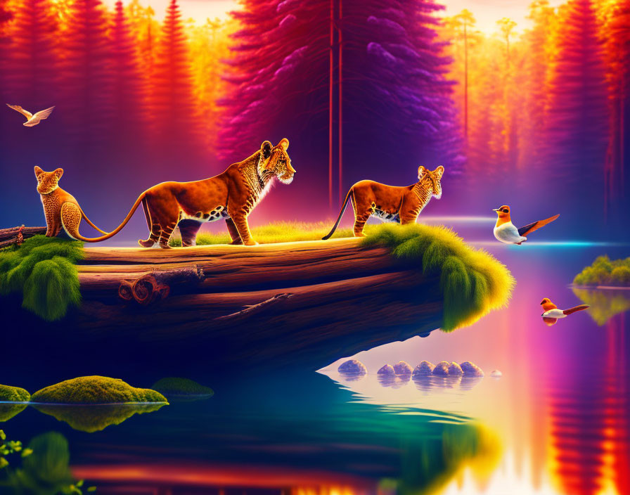 Cheetahs on log over reflective lake with colorful trees in surreal landscape