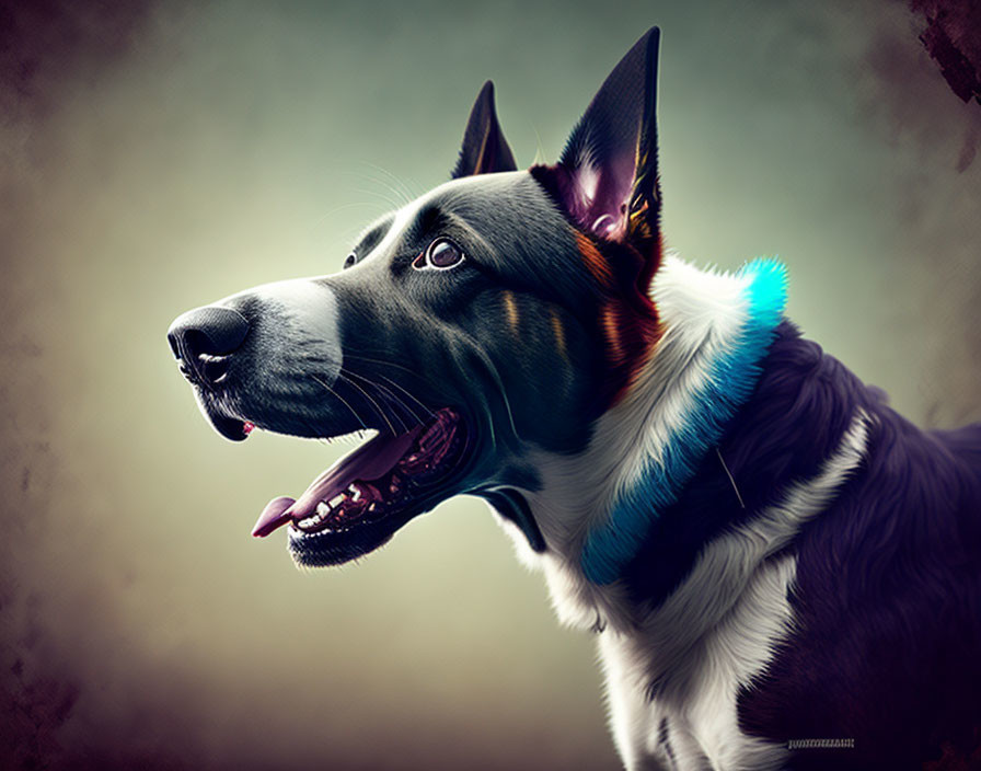 Tricolor Dog with Perked Ears and Teal Collar on Soft-focus Background