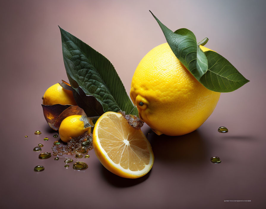 Whole lemon with sliced piece, green leaves, and water drops on brown backdrop