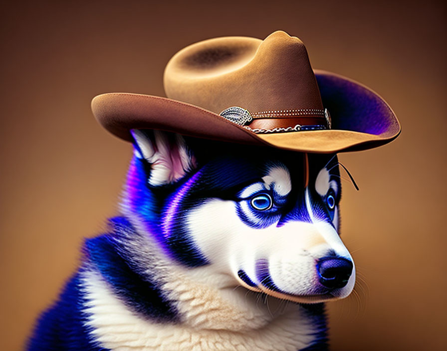 Digitally altered image of husky dog in cowboy hat with blue eyes