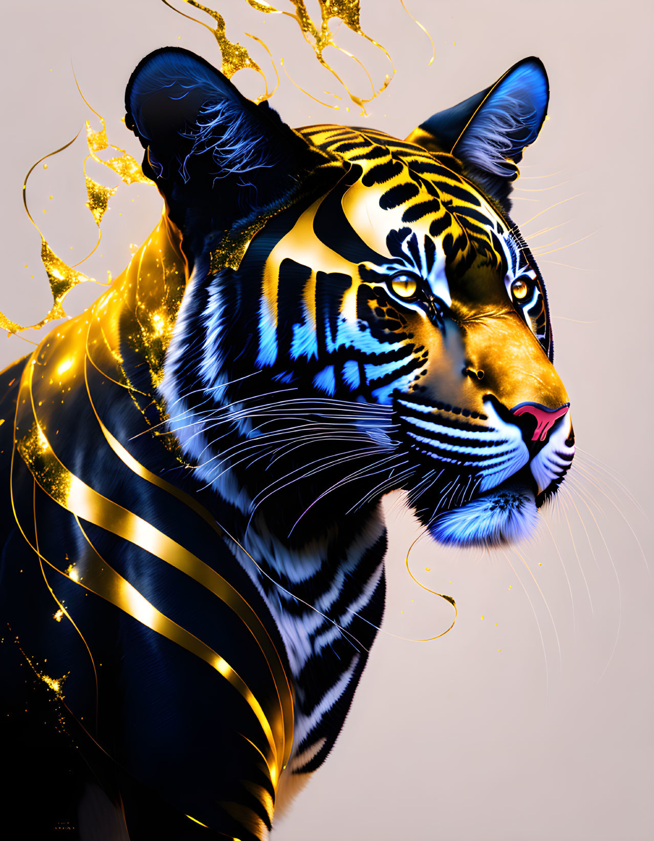 Tiger head digital art with black stripes and golden highlights