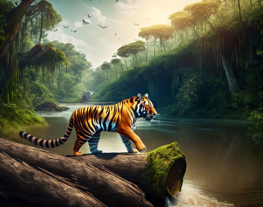 Tiger crossing log in lush jungle with river and waterfalls