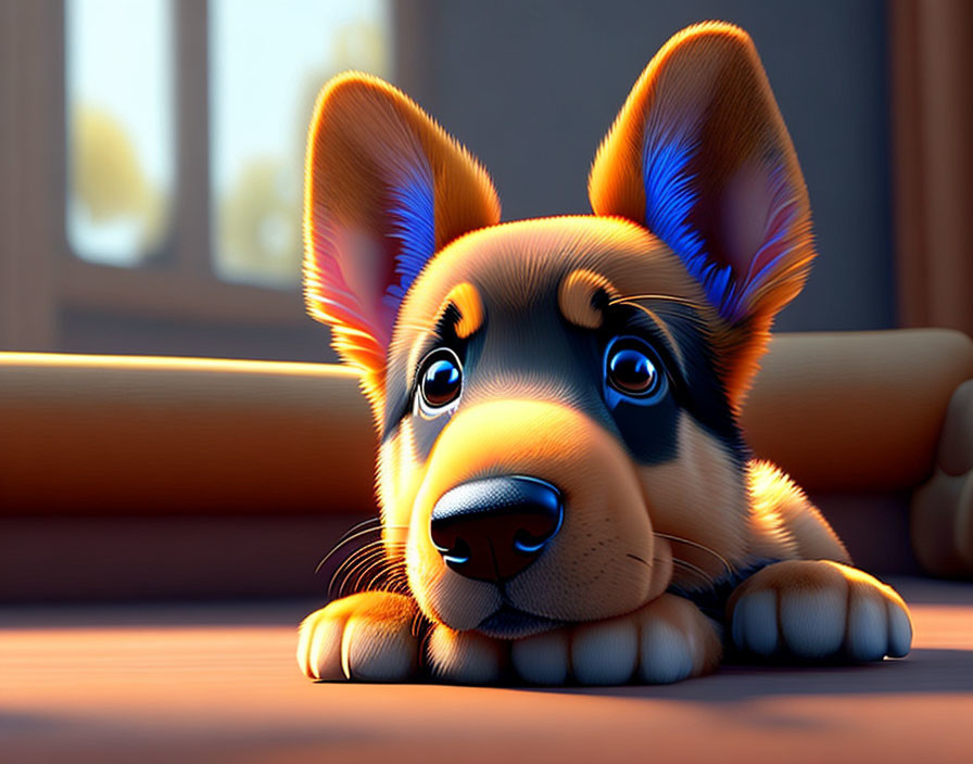 Adorable animated puppy with large ears and expressive eyes in sunlit room