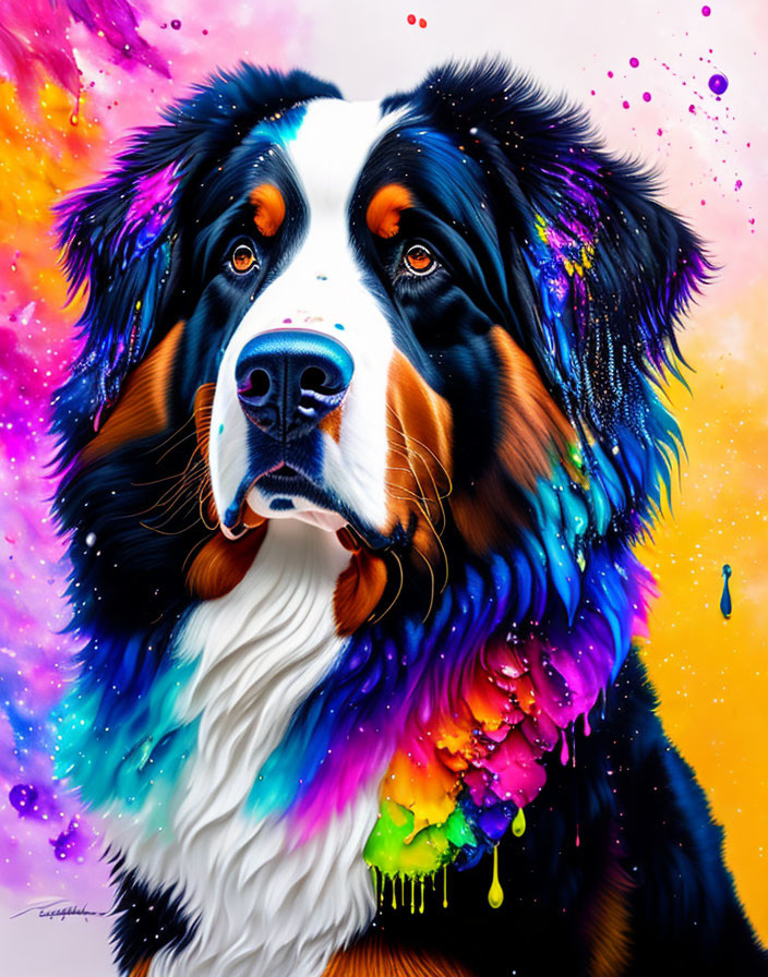 Vibrant Bernese Mountain Dog Art with Colorful Paint Splashes