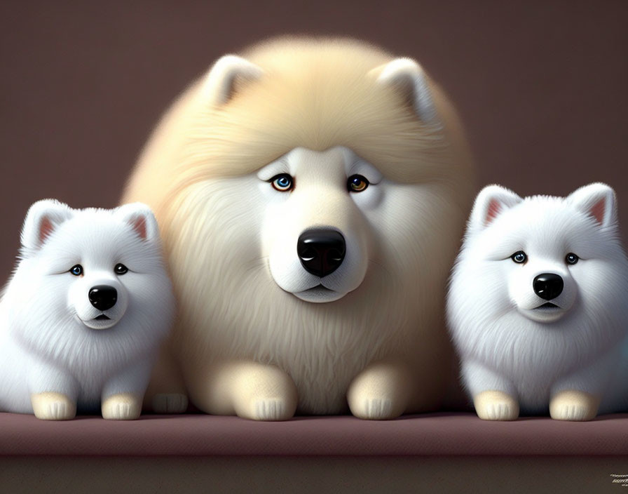 Three Cartoon Samoyed Dogs with Fluffy White Fur