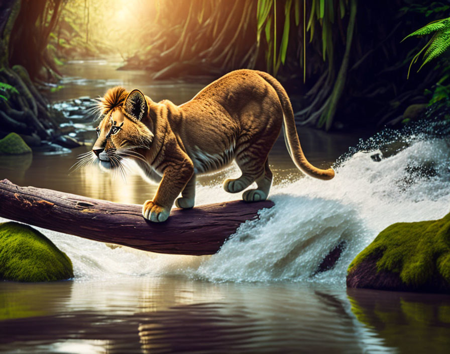 Lioness crossing fallen log over stream in lush greenery