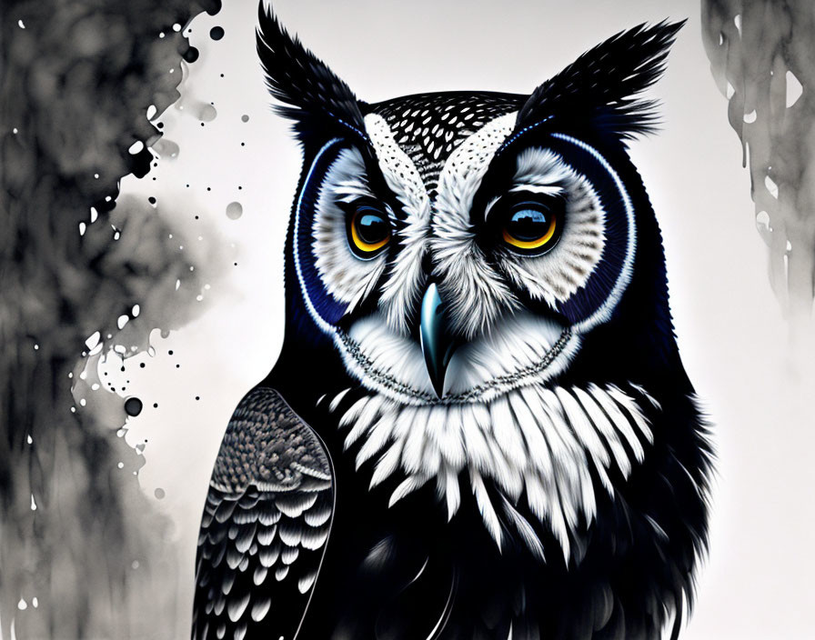 Detailed Owl Illustration: Striking Yellow Eyes, Black & White Plumage, Watercolor Background