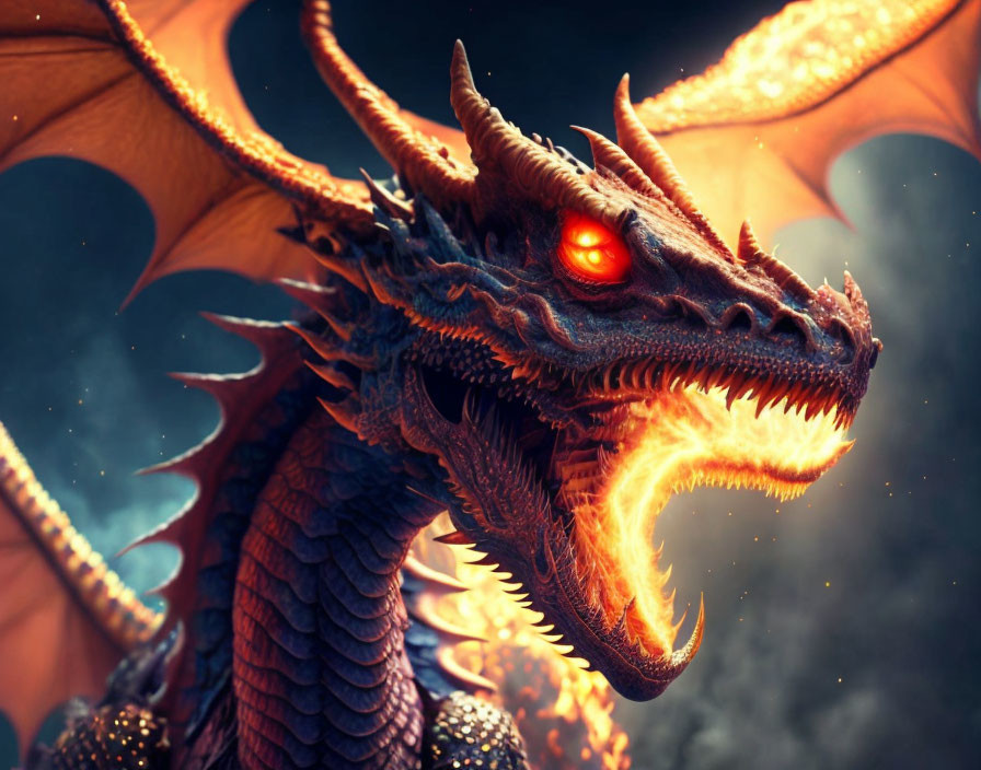 Orange-Eyed Dragon with Wings and Scales in Fiery Setting