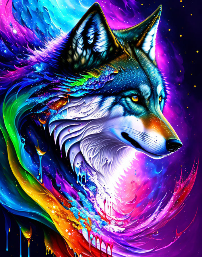 Colorful Wolf Artwork in Cosmic and Neon Tones