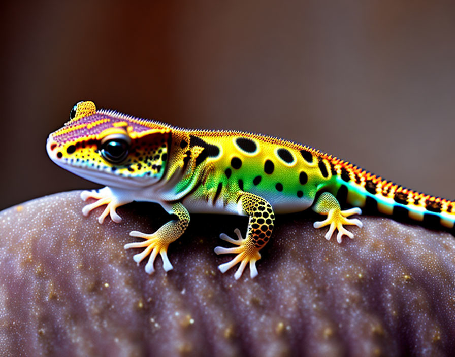 Vibrant Gecko with Yellow, Green, and Orange Spots on Stone Surface