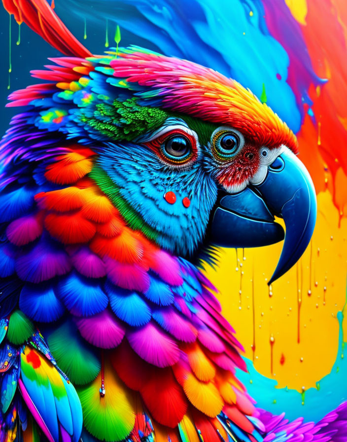 Colorful Parrot Image with Vibrant Feathers and Paint Splashes