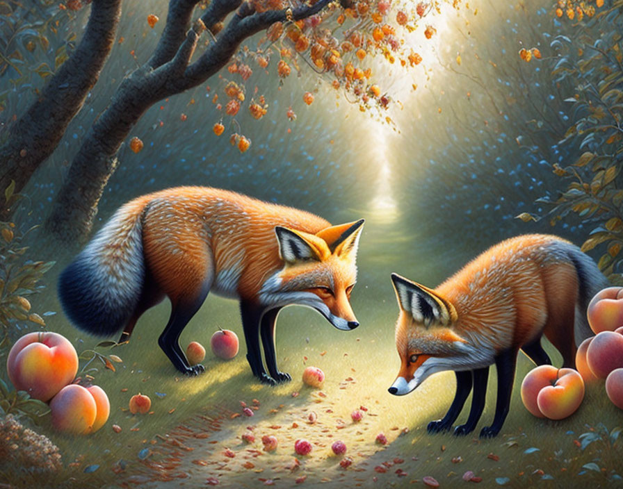 Foxes in orchard with fallen peaches under sunlight.