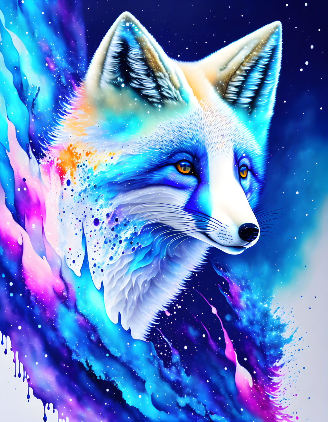 Colorful Cosmic Fox Illustration with Starry Space Motif